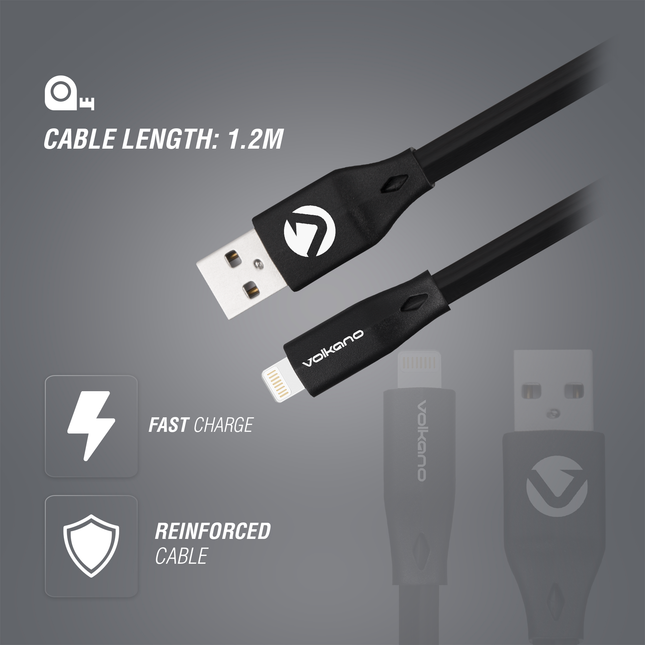 Volkano Slim Series Flat PVC Lightning Cable 1.2m - Black