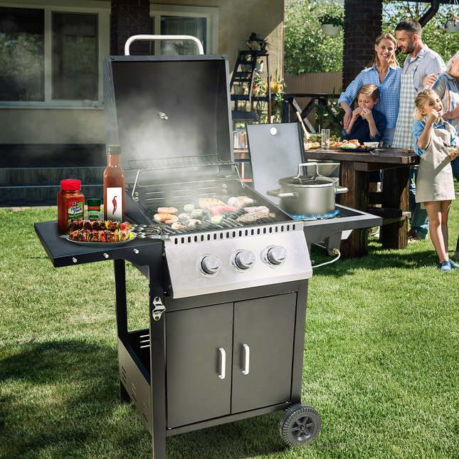 Barbecue 2+1 Burner Gas Grill with Porcelain Enamel Coated Grates, Side Burner, and Storage Cabinet