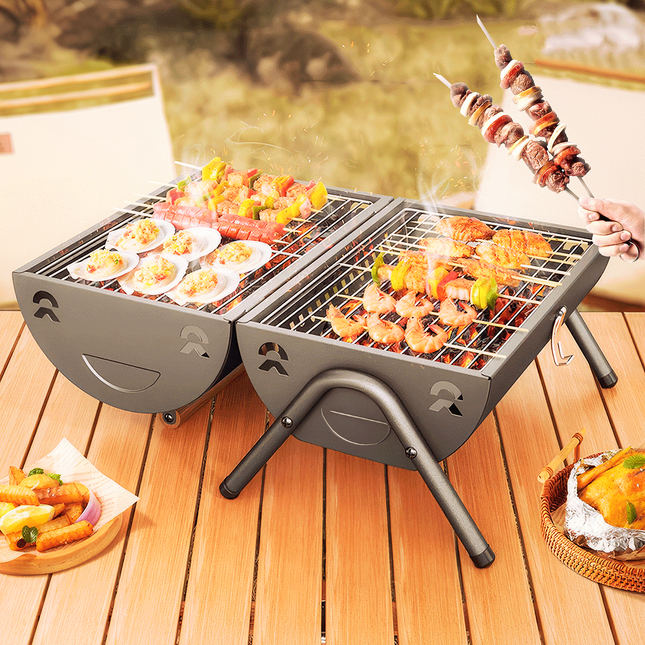 Barbecue Double Side Grill with 0.5mm Cold Rolled Steel Body, Chromium Plated Cooking Grid, Powder Coating Surface, and Portable Triangular Leg Tube Support