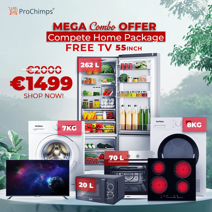 Combo Offer: Geratek Valdez 268L Fridge Freezer, Torbou 8kg Tumble Dryer, Torbou 7kg Washing Machine, Built-in 60cm 4-Zone Induction Hob, 55inch KB ELEMENTS webOS Television, and RAF 20L Stainless Microwave Oven Bundle