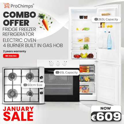 Combo Offer Fridge Freezer Refrigerator + Electric oven + 4 Burner Built In Gas Hob