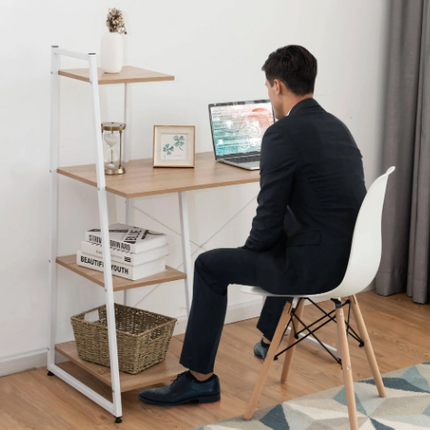 Sturdy Metal Computer and Writing Desk with Powder Coated Finish, 2 Shelves, Brown Color, 41x20x46 Inches, Ideal for Home Office Setup