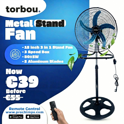 Torbou 3in1 Metal Stand Fan 18" 80W | 5 Aluminum Blades | 3 Speed | Heavy-Duty Motor | Stand/Table/Wall Mountable