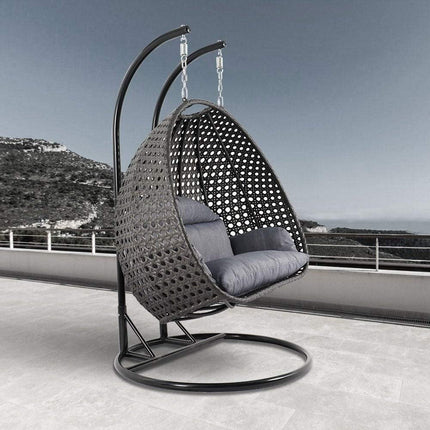 Modern 2-Seater Swing Chair with Stand, Tear Drop Shape, 200kg Load Capacity, Included Cushion, Suitable for Indoor/Outdoor Use, and Black Polyester Material