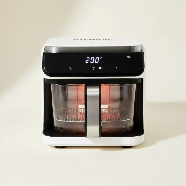 HAUSBERG White Air Fryer with Glass Basket on cream background