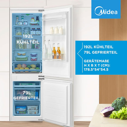 Midea Built-In Refrigerator/Freezer with Tow Door, LED Lighting, Height 178.5 cm, Refrigerators 192 L, Freezer 79 L, White [Energy Class F]