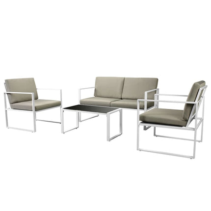 Modern Outdoor Sofa Set with White Frame and Black Seat, Grey Cushions, Powder-coated Steel Construction, Includes 2-Seater Sofa, 2 Chairs, Coffee Table, and Cushions YB-138