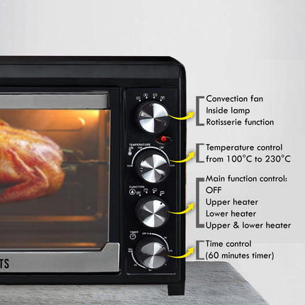 KB Elements 45L Convection Oven + hobs| 1600W | Double Tempered Glass | Rotisserie Function | Adjustable Temperature and Energy-Efficient Cooking