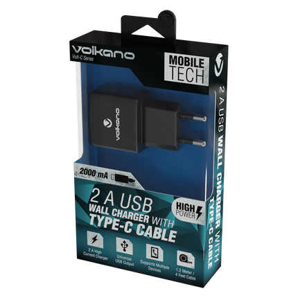 Volkano Volt-C series 2A USB Wall Charger with USB Type-C cable included