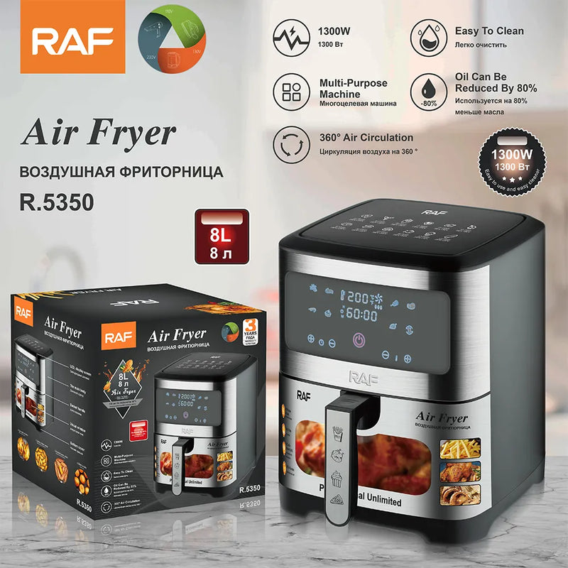 RAF 8L Stainless Steel Air Fryer with Digital Control - Efficient 1300W Power, Square Shape, Class A Energy Rating, Non-Stick PFA Material, VDE Plug, and High-Speed Air Circulation Technology