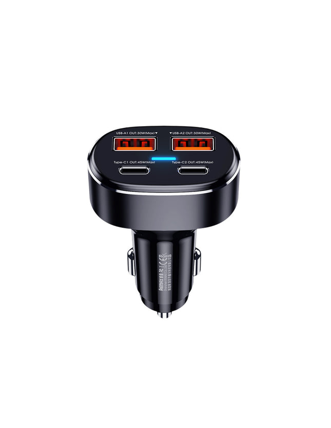 REMAX Duke Series 75W Fast Car Charger with 4 Ports (2 USB, 2 Type-C), Universal for 12V-24V Vehicles, Real-Time Voltage Display, Intelligent Protection Features