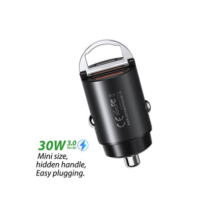 Remax 30W PD + QC Fast Car Charger, Compact 39.7x20.6x20.6 mm, Dual Connection (USB-A & USB-Type C), 5V Output, Black, Lightweight 20g Design