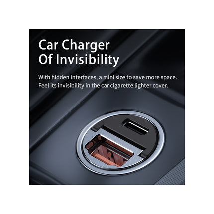 Remax 30W PD + QC Fast Car Charger, Compact 39.7x20.6x20.6 mm, Dual Connection (USB-A & USB-Type C), 5V Output, Black, Lightweight 20g Design