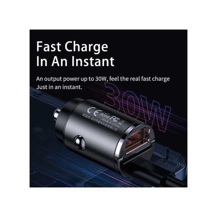 Remax 30W PD + QC Fast Car Charger, Compact 39.7x20.6x20.6 mm, Dual Connection (USB-A & USB-Type C), 5V Output, Black, Lightweight 20g Design