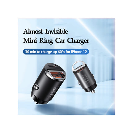 Remax 30W PD + QC Fast Car Charger, Compact 39.7x20.6x20.6 mm, Dual Connection (USB-A & USB-Type C), 5V Output, Black, Lightweight 20g Design
