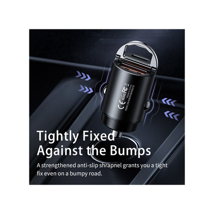 Remax 30W PD + QC Fast Car Charger, Compact 39.7x20.6x20.6 mm, Dual Connection (USB-A & USB-Type C), 5V Output, Black, Lightweight 20g Design