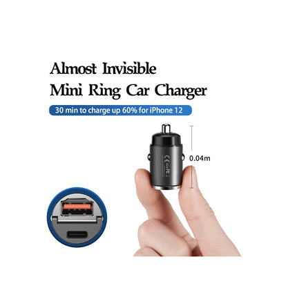 Remax 30W PD + QC Fast Car Charger, Compact 39.7x20.6x20.6 mm, Dual Connection (USB-A & USB-Type C), 5V Output, Black, Lightweight 20g Design