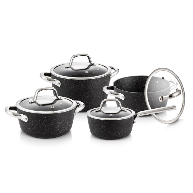 TESCOMA Cookware set PRESIDENT Stone, 8 pcs | Non-stick Coating | Dishwasher Safe | Stainless Steel Handles | Glass/Stainless Steel Cover