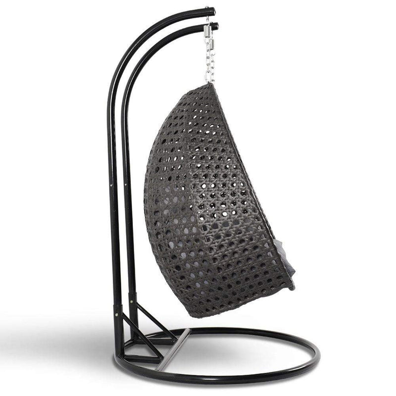 Modern 2-Seater Swing Chair with Stand, Tear Drop Shape, 200kg Load Capacity, Included Cushion, Suitable for Indoor/Outdoor Use, and Black Polyester Material