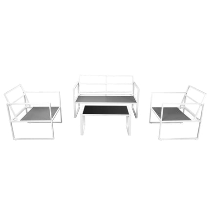 Modern Outdoor Sofa Set with White Frame and Black Seat, Grey Cushions, Powder-coated Steel Construction, Includes 2-Seater Sofa, 2 Chairs, Coffee Table, and Cushions YB-138