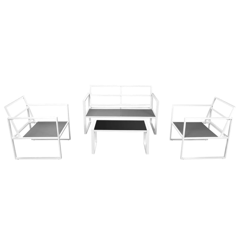 Modern Outdoor Sofa Set with White Frame and Black Seat, Grey Cushions, Powder-coated Steel Construction, Includes 2-Seater Sofa, 2 Chairs, Coffee Table, and Cushions YB-138