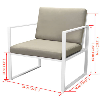 Modern Outdoor Sofa Set with White Frame and Black Seat, Grey Cushions, Powder-coated Steel Construction, Includes 2-Seater Sofa, 2 Chairs, Coffee Table, and Cushions YB-138