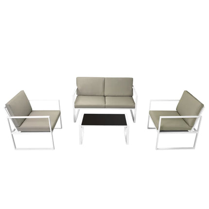 Modern Outdoor Sofa Set with White Frame and Black Seat, Grey Cushions, Powder-coated Steel Construction, Includes 2-Seater Sofa, 2 Chairs, Coffee Table, and Cushions YB-138