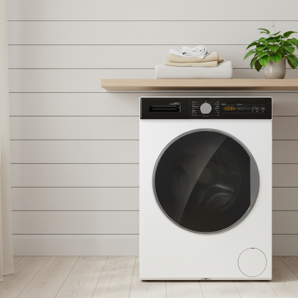 Washing machine in natural laundry room setting